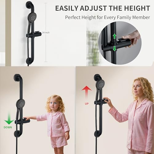 BRIGHT SHOWERS Matte Black Stainless Steel Shower Slide Bar Set with 5-Spray Handshower and 69-Inch Hose – ADA Compliant