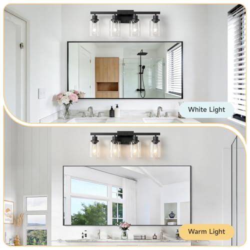 Black 4-Light Bathroom Vanity Light - Modern Matte Black Wall Sconce with Clear Glass Shades, Over Mirror, Bedroom & Living Room