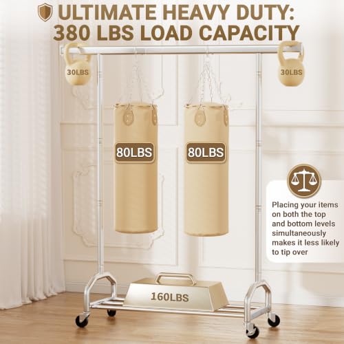 SpaceHidden 65-Inch Chrome Heavy Duty Rolling Clothes Rack, Supports 380 lbs