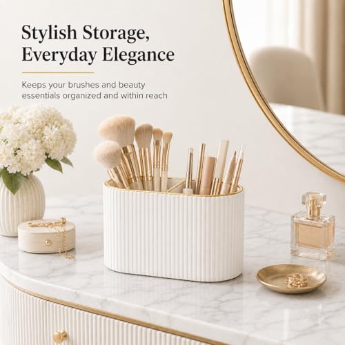Cream White Makeup Brush Holder Organizer with 2 Slots - PU Leather Vanity Storage