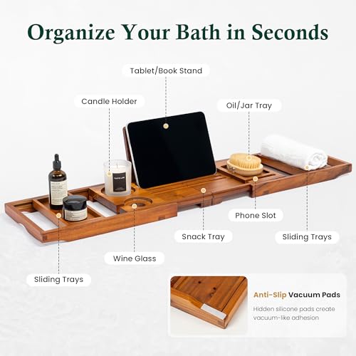 Realgulf Classic Teak Finish Adjustable Bathtub Caddy Tray Organizer