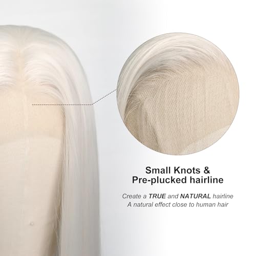White Platinum Blonde Lace Front Wig for Women - Pre-Plucked, Heat Resistant Synthetic Fiber, 24 Inch