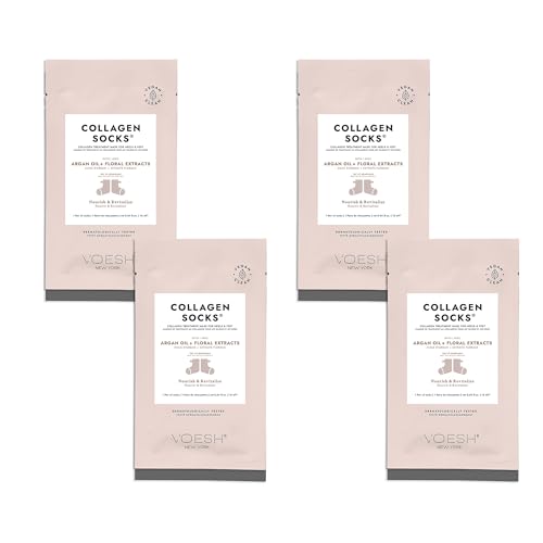 VOESH Collagen Socks, Collagen Socks for Dry Feet, 4 Pack, Cracked Heel Repair, Moisturizing Socks, Spa Pedicure Treatment, Spa Socks, Foot Peel Masks, Vegan