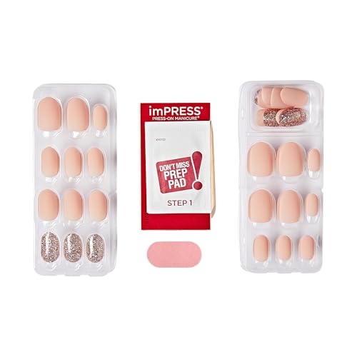 KISS imPRESS Design Press On Nails Short, Evanesce, Beige, Oval, 30 Count