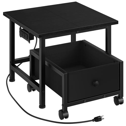 Mini Fridge Stand with Power Outlet & Storage Basket - Black, Wheels, Adjustable Feet