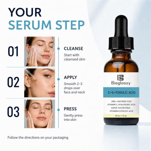 Bioglossy C+E+Ferulic Acid Vitamin C Serum for Face - Anti-Aging, Hydrating, 1 Fl Oz