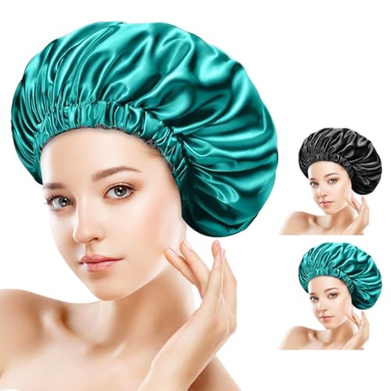 2PCS Silk Sleeping Bonnet£¬Double Layer Satin Bonnet for Women£¬Adjustable Silk Hair Cap, Shower Cap, Ideal Gift (Black+Blue)