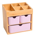 Bamboo Makeup Organizer with 3 Pink Drawers - 5.7"D x 8"W x 7.5"H, Adjustable Dividers