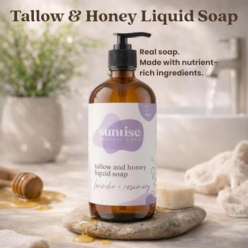 Sunrise Natural Care Lavender & Rosemary Tallow & Honey Liquid Soap 16 oz - All-Purpose Gentle Cleanser for Face, Body & Hands