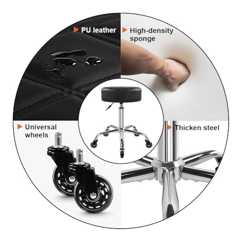 Black Nine-Grid Salon Stool with Wheels - Adjustable Height Swivel Chair with Thick Cushion