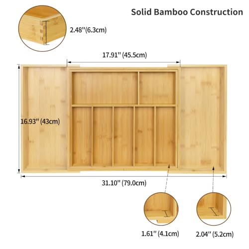 Large Bamboo Drawer Organizer for Kitchen Cutlery & Flatware - Expandable