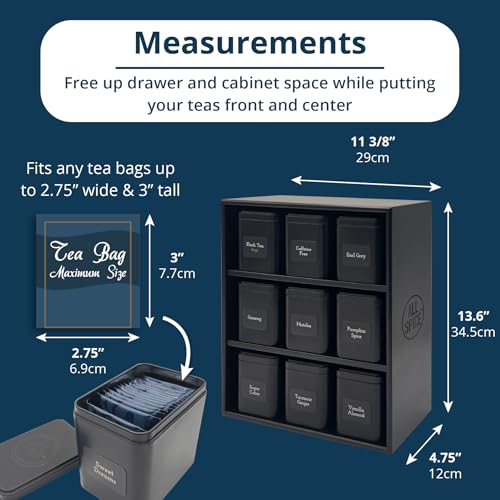 Black AllSpice Tea Organizer Rack with 9 Tins & Magnetic Labels – Kitchen Storage