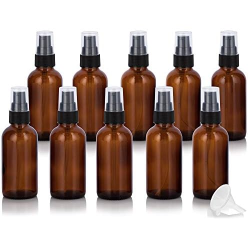 JUVITUS 2 oz Amber Glass Boston Round Black Treatment Pump Bottle (10 pack) + Funnel BPA Free Refillable Empty Storage Containers