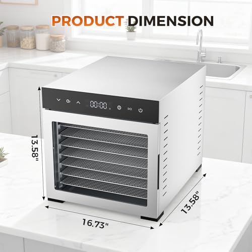 OLIXIS Silver Food Dehydrator Machine with 8 Large Trays, 185°F Temp, 24H Timer, 16.7x13.5x13.5in