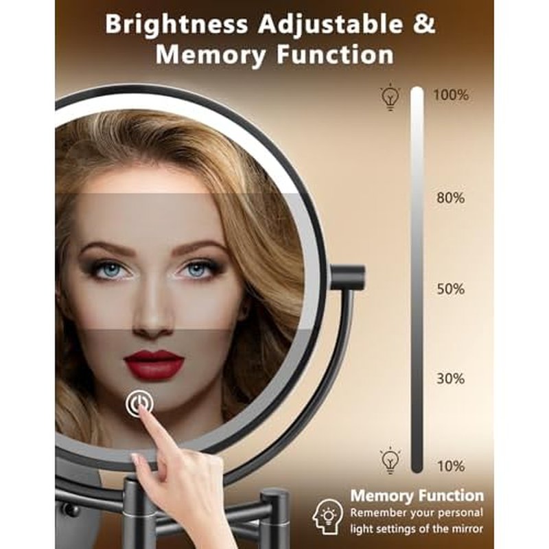 ALHAKIN 9" Wall Mounted Lighted Makeup Mirror, Large Double Sided 1X/10X Magnifying Mirror with 3 Color Lights Dimmable, 360¡Æ Rotation, Black