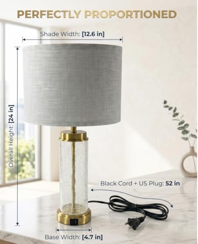 Set of 2 Modern Bedside Table Lamps with USB Charging Ports - 24.4 Inch Nightstand Lamps for Bedroom & Living Room