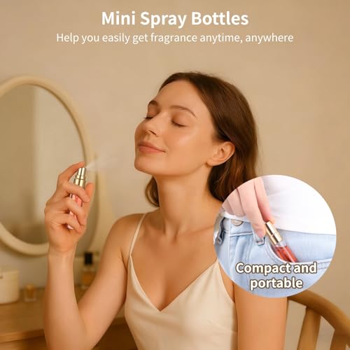 Lnrueg 100 Pcs 5 ml Mini Spray Bottles - 0.17 oz Refillable Glass Perfume Bottles, Portable Travel Sample Containers with Caps, Fine Mist Atomizers with 4 Funnels and 4 Dispensers, Gold