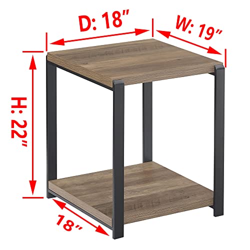 Industrial End Table with Storage Shelf - Square Nightstand in Oak Finish