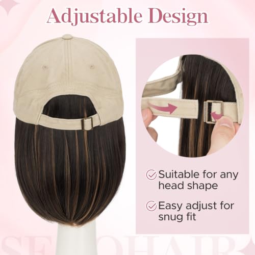 SEGOHAIR 6 Inch Baseball Cap Wig for Women Dark Brown & Blonde Mix Adjustable Synthetic Hair Extensions
