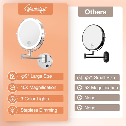 Benbilry 9" Large Wall Mounted Lighted Makeup Mirror, 1X/10X Magnifying 2-Sided AC Plug-in Powered Bathroom Mirror with 3 Color Lights, Touch Dimmable, Extended Arm 360¡Æ Rotation, Chrome