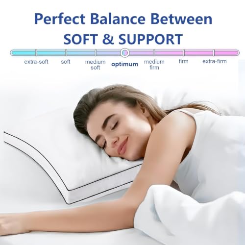Queen Size Set of 4 Gusseted Fluffy Pillows - Black Edge, Breathable Microfiber