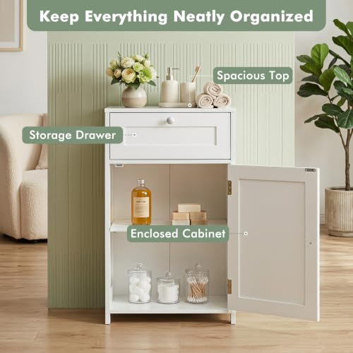 GIANTEX White Floor Bathroom Storage Cabinet 13.5"D x 17"W x 30.5"H with Door & Drawer