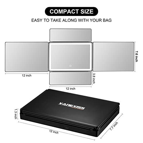Rechargeable 5 Way Mirror for Hair Cutting, Real Glass Adjustable Trifold Mirror with Light & Telescoping Hooks for Makeup & Styling - Portable DIY Tool to Cut, Trim or Shave Your Head & Neckline