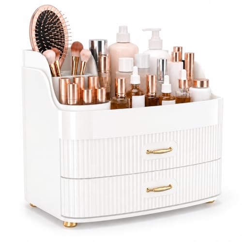 White Makeup Organizer with Drawers & Brush Holder - Vanity & Countertop Storage