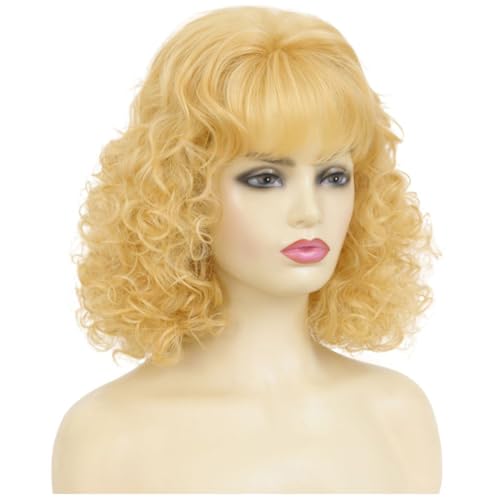 Light Blonde 70s 80s Curly Vintage Wig with Bangs for Women - Short Retro Cosplay & Halloween