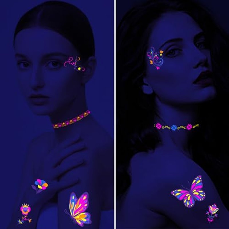 20 Sheet Glow in The Dark Temporary Tattoos - 200+Styles Fluorescence UV Neon Waterproof Body Face Fake Tattoo Stickers for Adults Women Men Kids Rave Festival Accessory Party Supplies Decorations