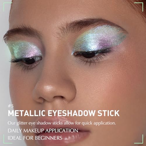 Glitter Eyeshadow Stick Metallic Chrome Finish, Shimmer Cream Eye Shadow Stick Long Lasting Holographic Color Sparkle Multi-Use Eye Brightener Highlighter Makeup Blendable Eyeliner Pencil, 5#