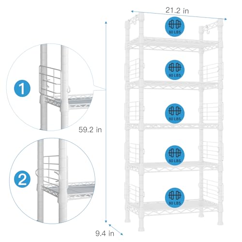 FUTASSI 21.2 x 9.4 x 59.2-inch 5-Tier Metal Storage Rack, White Shelf Organizer for Kitchen, Bathroom, Garage