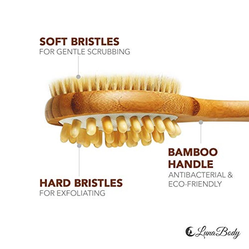 Bamboo Body Brush for Back Scrub - Natural Boar Bristle Shower Brush Scrubber with Long Handle - Exfoliate Skin and Cellulite - Wet or Dry