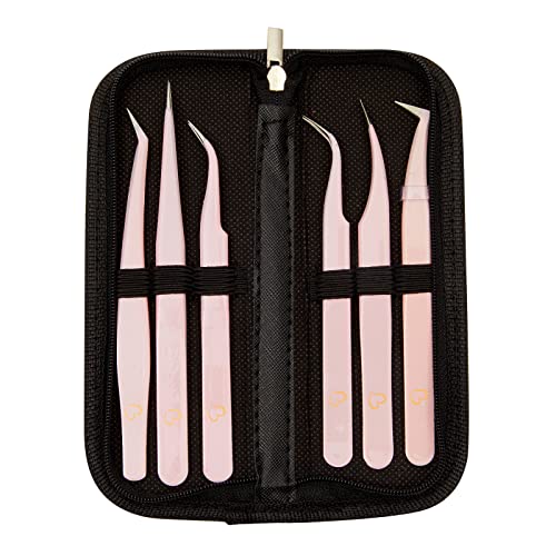 Okuna Outpost Precision Lash Tweezers Set - Stainless Steel Tools for Eyelash Extension Kit - Travel Pouch & Tweezers for Lash Extensions with Case - 6pc Light Pink