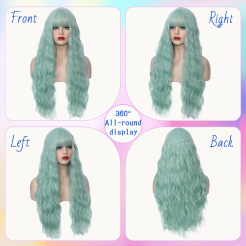Women's Bangs Mint Green Wig 27 Inches Long Curly Wavy Hair Heat