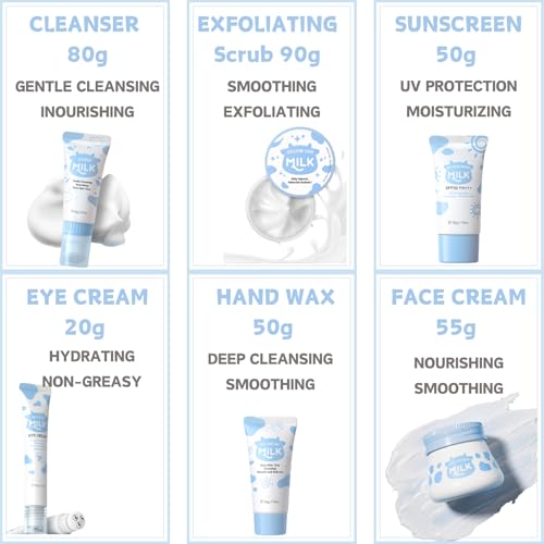 Milk Skincare Gift Set for Teens 10-12 - 7pc Kit with Eye & Face Cream, Sunscreen, Travel Wash Bag