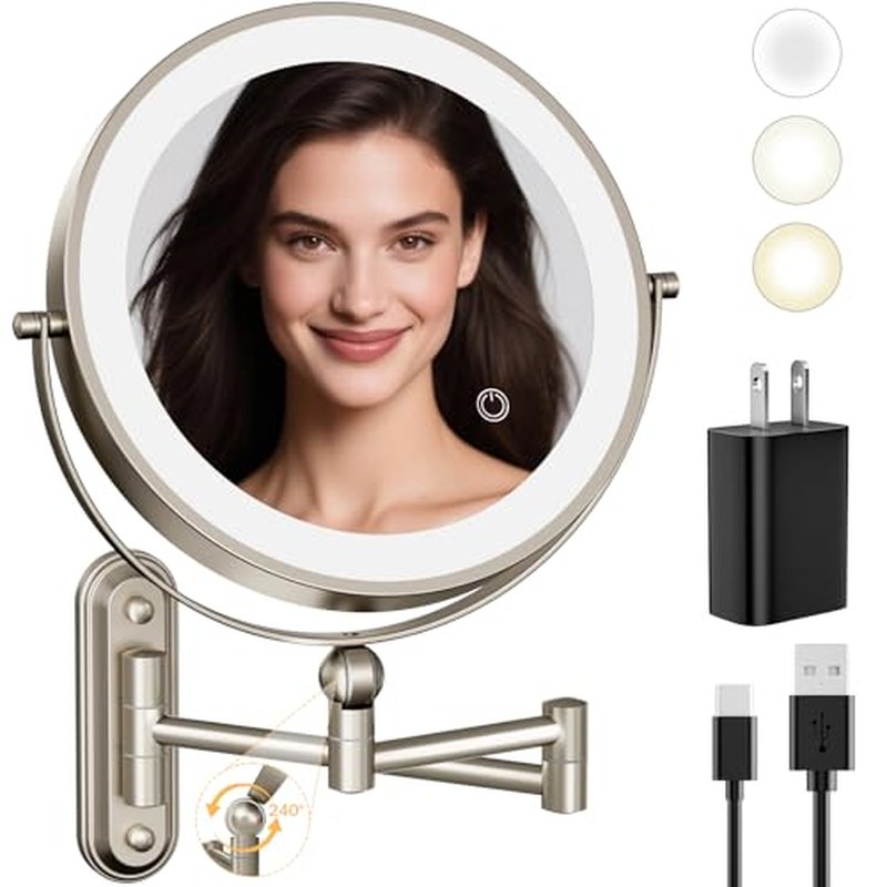9" Wall Mounted LED Lighted Makeup Vanity Mirror - 4000mAh Rechargeable Double Sided 1X/30X Magnifying Mirror, 3 Color Lights Touch Dimmable, Height Adjustable Extended Arm 360¡Æ Swivel Bathroom Mirror