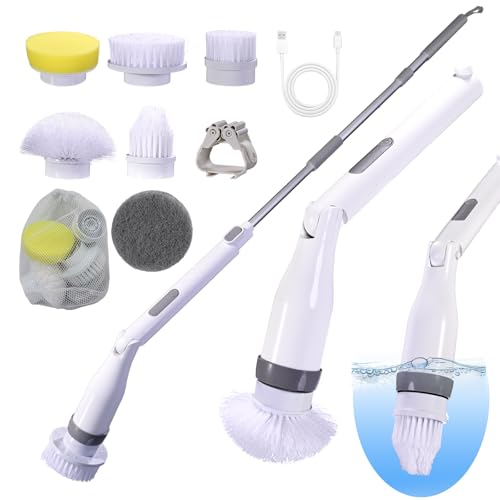 White Electric Spin Scrubber with 8 Brush Heads & Extendable Handle