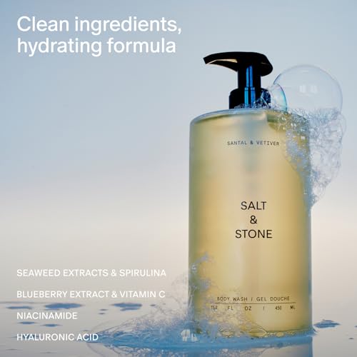 Salt & Stone Body Wash with Antioxidants for Deep Moisture | For Women & Men, Sulfate, Paraben, & Dye Free, Leaving Skin Soft and Hydrated | Santal & Vetiver 15.2 fl oz