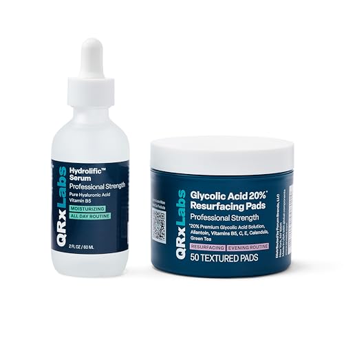 QRxLabs Resurfacing and Hydrating Duo: Glycolic Acid 20% Resurfacing Pads + Hyaluronic Acid 2oz Serum - Smoother, Hydrated and Radiant Skin - Daily Use - 50ct Pads
