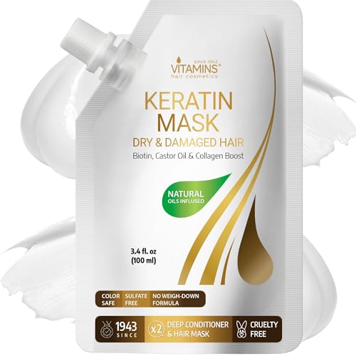Keratin Hair Mask with Biotin & Collagen - Deep Conditioner for Damaged, Frizzy & Curly Hair - 3.4 Fl Oz