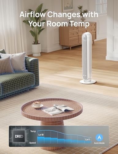 DREO 36-Inch Pearl White Smart Tower Fan with 28ft/s Velocity, 8 Speeds & Quiet Operation