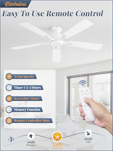 White 52 Inch Flush Mount Ceiling Fan No Light with Remote Control