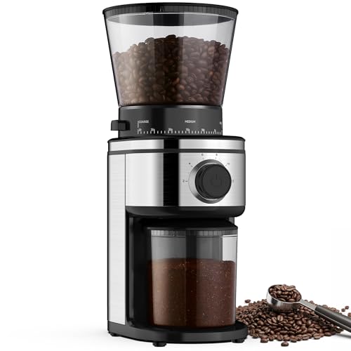 Electric Coffee Grinder with 30 Settings - Shiny Silver & Black, Adjustable Burr Mill for Home Use