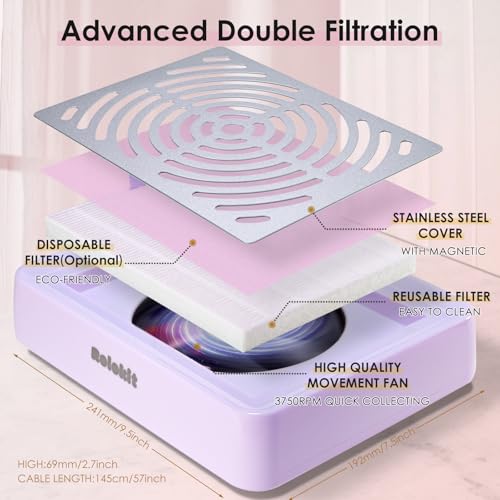 Purple Nail Dust Collector with Lamp & 50 Disposable Filters - Electric Manicure Vacuum