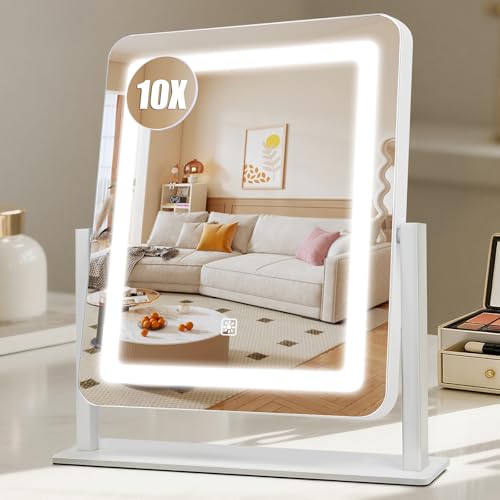 Rechargeable Vanity Mirror with Lights, 3000mAH Battery, 15"¡¿12.2" LED Makeup Mirror, 10X Magnification, Smart Touch with 3-Color Lighting, 360¡Æ Rotation, Lighted Up for Makeup Desk, Bedroom (White)