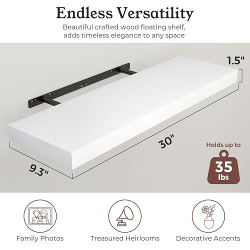 30-Inch White Floating Wall Shelves Set of 2 - Modern Wood Wall Storage