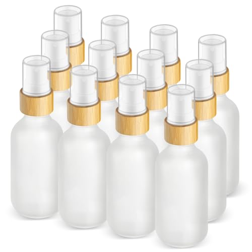 12 Pack 2oz Frosted Glass Spray Bottles with Bamboo Pump for Essential Oils & Travel