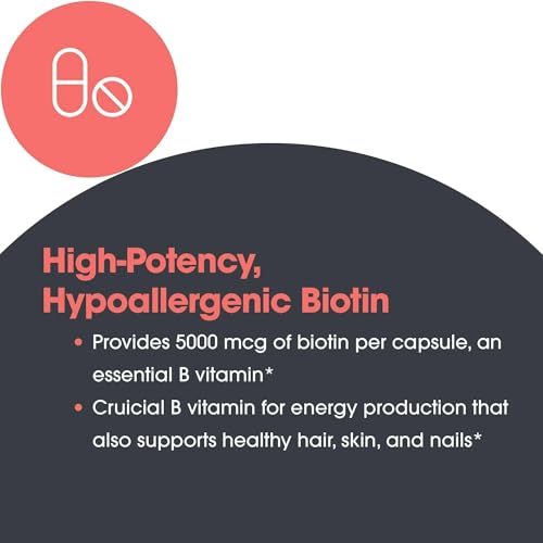 Nutricology Biotin 5000 Supplement - 5000mcg Biotin, Vitamins for Hair, Skin and Nails, High Dose, Vegetarian Capsules, Hypoallergenic, Gluten Free - 60 Count