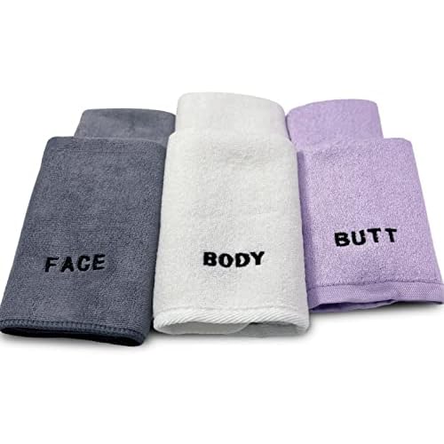 Crafty Cloth 6-Piece Washcloth Set ? Face, Body, Butt Cloths | 3 Distinct Textures | Ultra-Soft, Rigid Exfoliation, and Hygiene Cloths for Sensitive Areas (Gray,White,Purple, Embroidered 6-Piece Set)